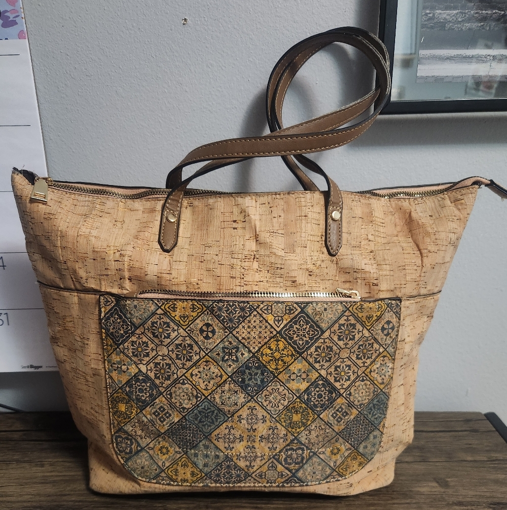 Corkadia Natural Cork and Printed Cork Blend Bag with PU Handles